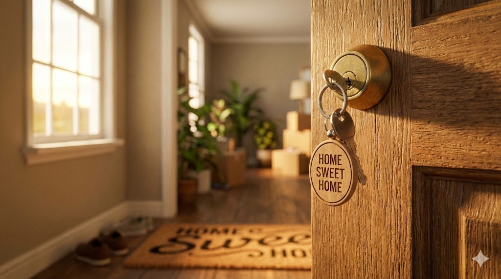 American suburban house with a sold sign and corporate logos in the background