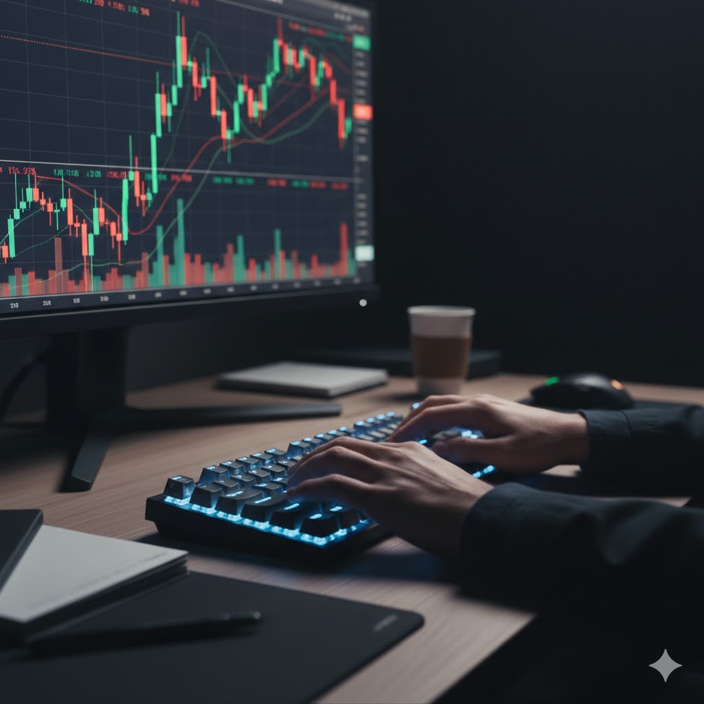 Financial analyst reviewing stock charts on multiple monitors