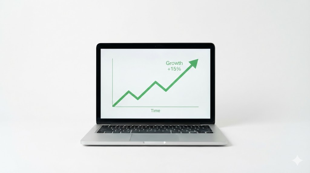 Laptop displaying stock charts and analytics Asset Management Illustration